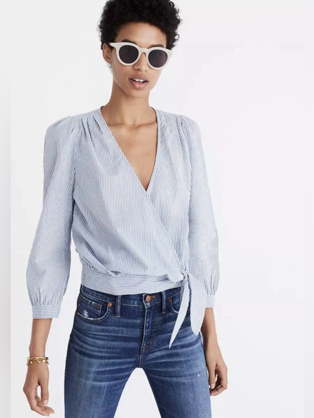 Madewell Wrap Top Indigo Stripe Crossover V-Neck Cotton Side Tie Size XS